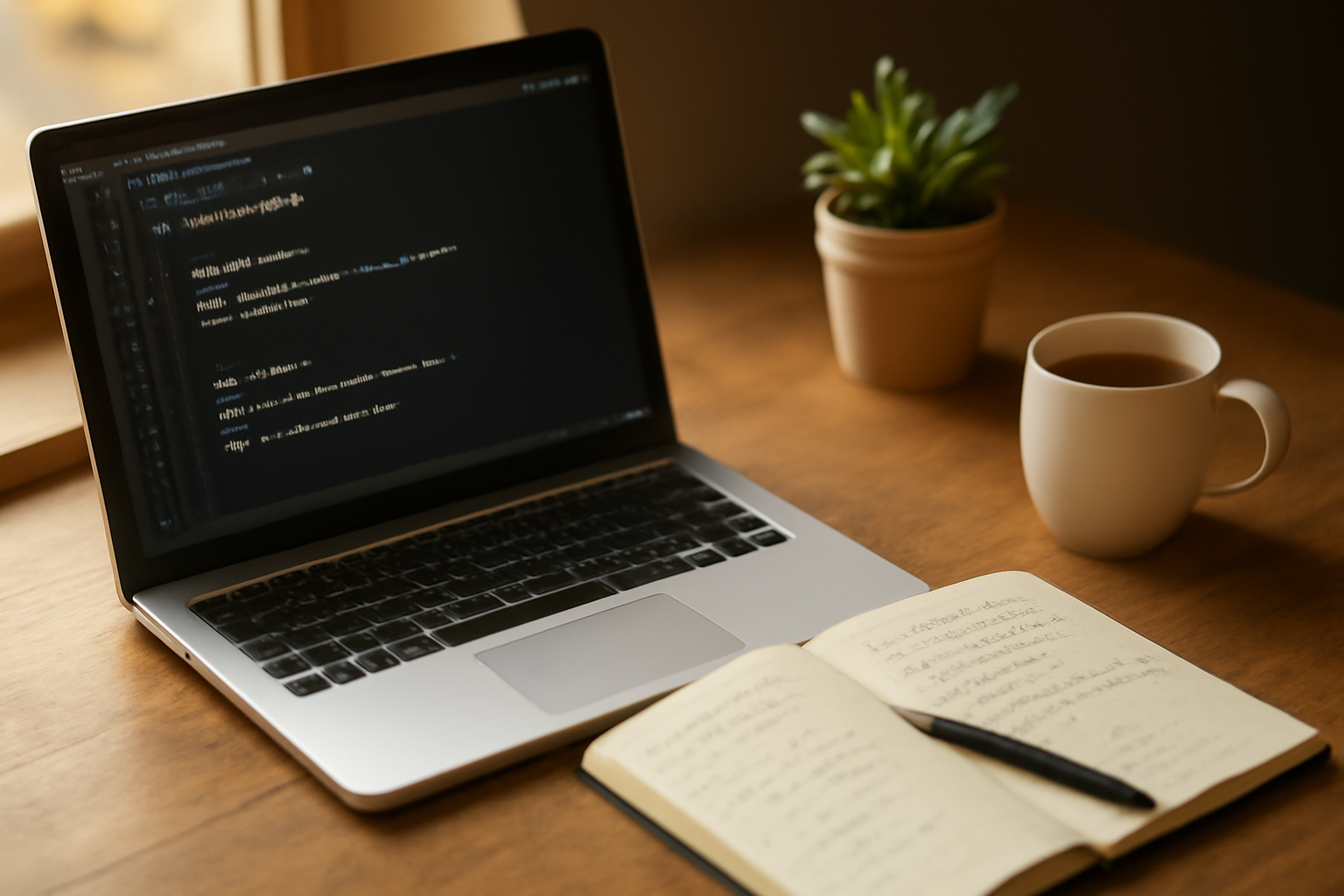 Meja kerja dengan laptop berisi kode PHP dan catatan tangan untuk belajar hook WordPress