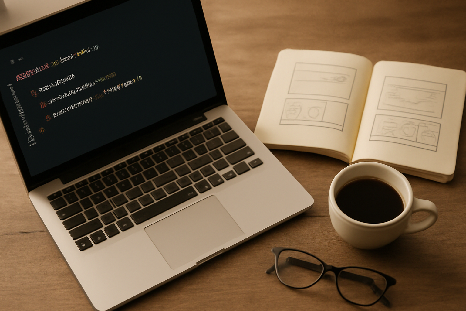 Meja kerja dengan laptop menampilkan editor kode PHP dan catatan sketsa struktur website