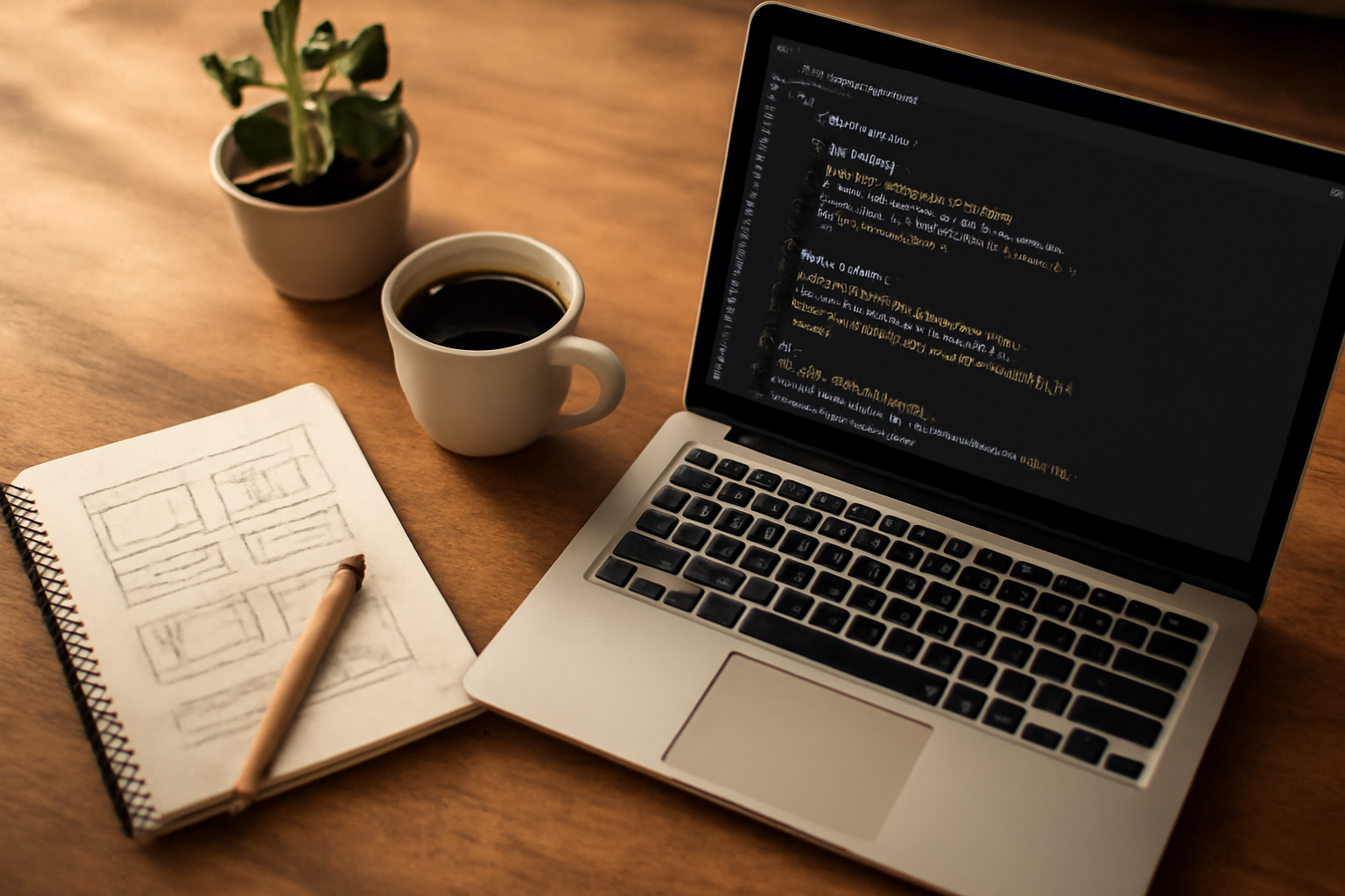 Meja kerja dengan laptop menampilkan editor kode CSS dan catatan sketsa tata letak tema WordPress