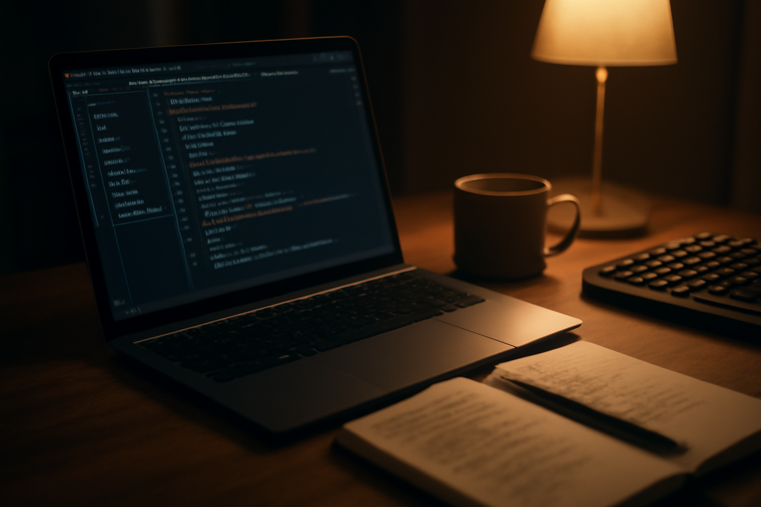 Meja kerja developer dengan laptop menampilkan editor kode PHP untuk WordPress