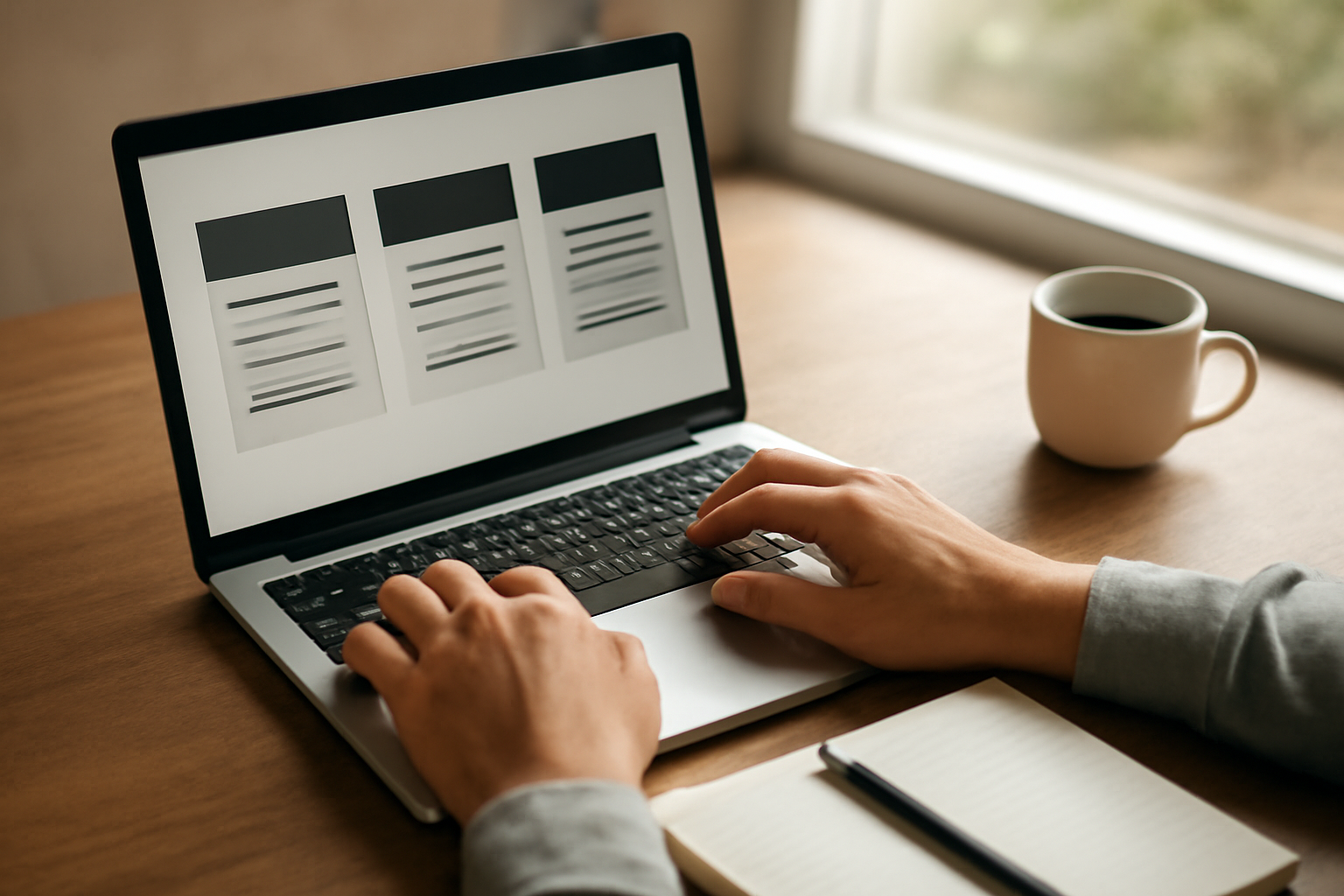 Seseorang membandingkan pilihan CMS di laptop untuk membuat website